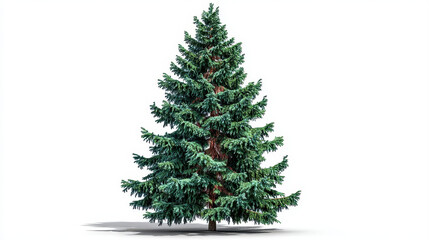 Fototapeta premium Tall evergreen tree with lush green foliage stands prominently against white background, showcasing its symmetrical shape and dense branches. This tree symbolizes nature beauty and tranquility