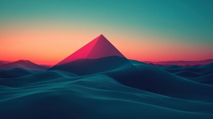 A pyramid rises above landscape with vibrant sky colors