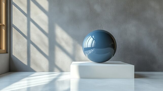 Gray wall room with a glossy sphere on a white plinth. Sunlight streams in through a window