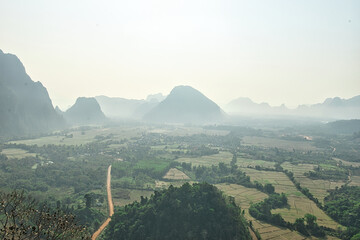Vang Vieng , Laos : 16 Feb 2024 :Beautiful scenery from Nam Xay viewpoint, Vang Vieng, Laos. During...