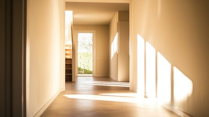 Interior hallway leading towards a door with sunlight filtering in