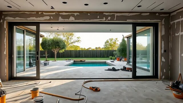 Interior Home Renovation with Unfinished Walls and View of Backyard Pool