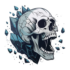 Render a detailed image of a screaming skull, trapped within a jagged, dark crystal formation; emphasize sharp shard details and intense facial expression.