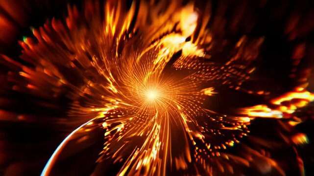 Glowing amber light burst with radial strobe motion and glitch energy trails on dark background, intense dynamic explosion of copper and orange hues