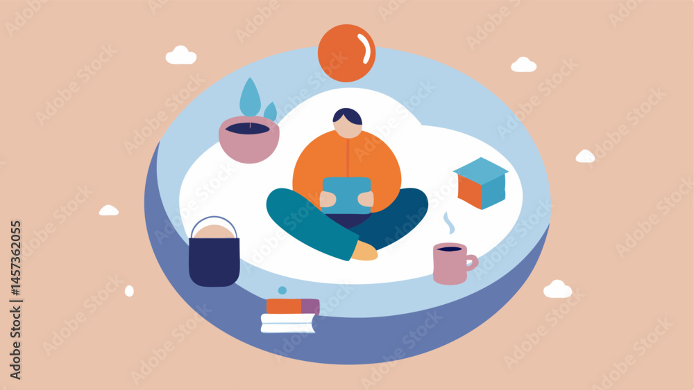 Poster creating a comfort zone a circular space filled with comforting items like a blanket tea books where