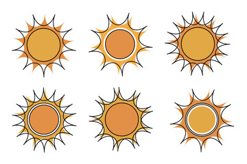 Abstract retro sun icons set – vintage boho sunshine vector elements. Stylized groovy retro sun icons in orange and black – abstract vintage set