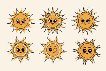 Set of cute retro sun faces – happy cartoon cool sun characters. A collection of smiling sun faces in a cool vintage style with cute cartoon emotions