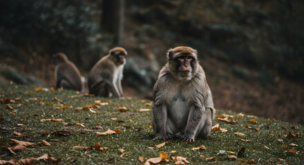 Three Monkeys Resting on Green Grass with Fallen Leaves in a Forest Environment with Blurred Background