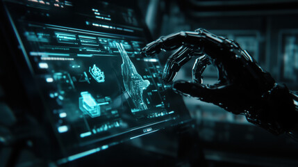 Futuristic robotic hand interacting with digital interface in a high-tech environment at night