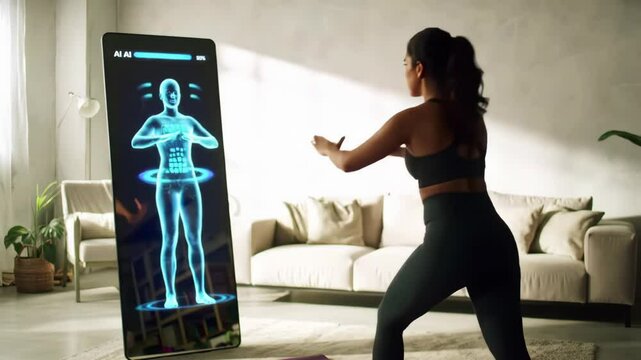 Athletic Woman Exercises at Home While Virtual AI Trainer Provides Real-Time Feedback and Posture Correction via Augmented Reality Display on Smart Mirror
