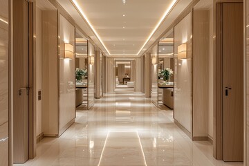 A long hallway with large floor-to-ceiling mirrors on both sides.