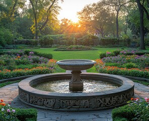 Obraz premium Sunset garden fountain, floral borders, park tranquility