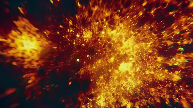 Glowing amber light burst with radial strobe motion and glitch energy trails on dark background, intense dynamic explosion of copper and orange hues