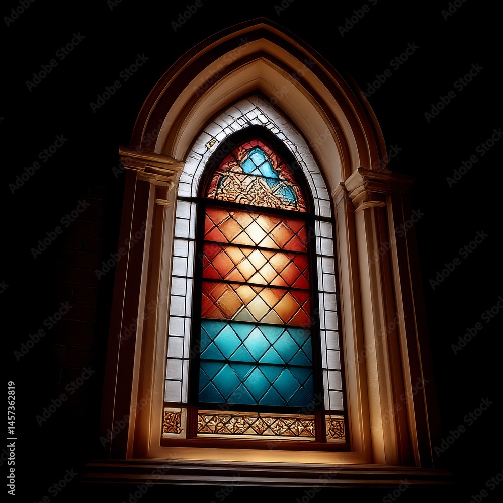 Poster illuminated stained glass: a colorful gothic window radiating light and warmth in the darkness, cont