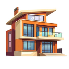 Modern orange house with large windows balcony and stairs