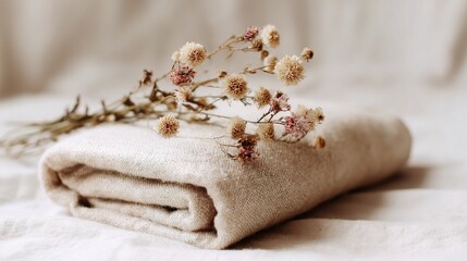 Folded Beige Blanket with Dried Flowers on White Background