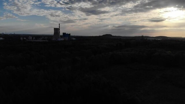Sky view drone flight in silesia over ŁAgisz power coal plant