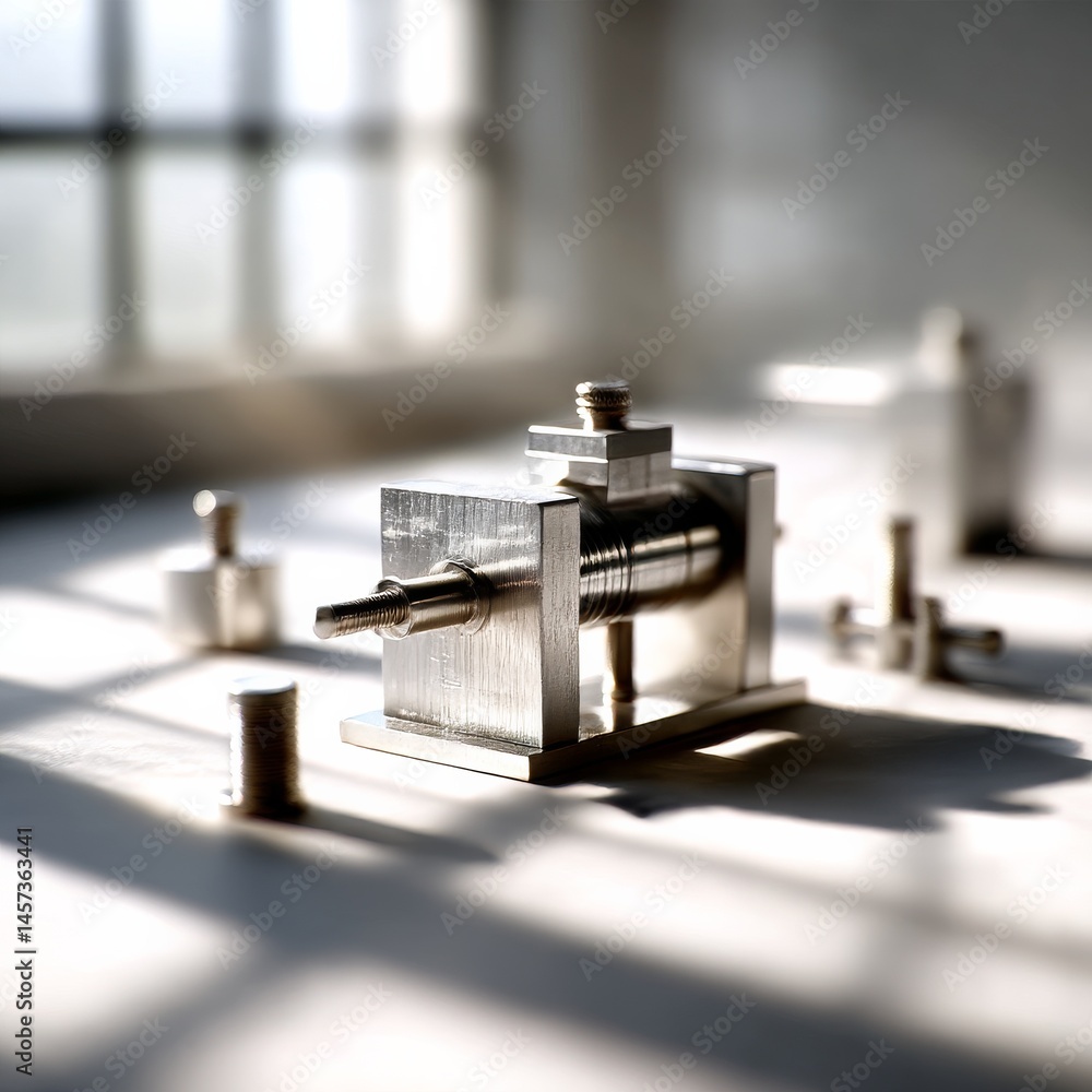 Leinwandbilder Precision Crafted: A Macro View of a Shiny Metal Machine on a Table in Bright Light.
