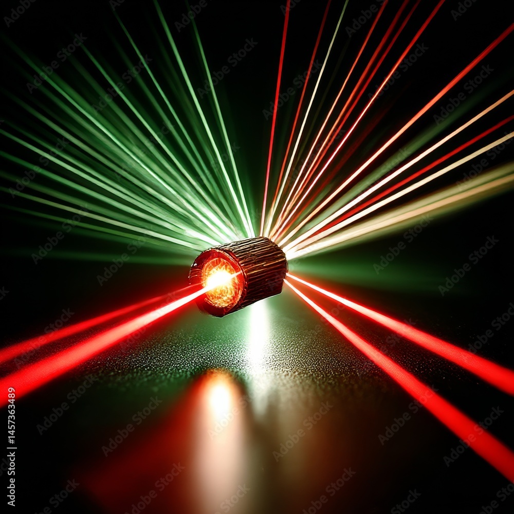 Poster red and green laser burst: a vibrant display of focused light emanating from a central source on a d
