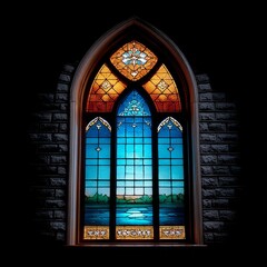 Stained Glass Window Depicting a Landscape Scene, Illuminating a Dark Stone Wall with Warm Light