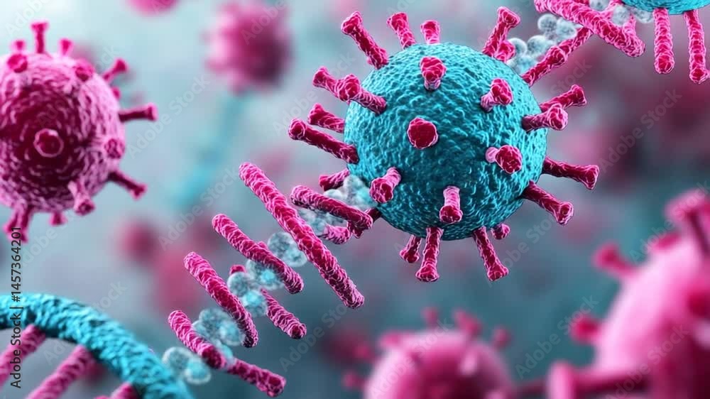 Poster colorful abstract representation of viral structures under a microscope with intricate details and t