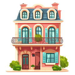 Obraz premium Charming two story house with balcony ornate railing and shutters