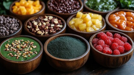 Bowls of different fruits and vegetables are arranged in a row  superfood-packed liquid dishes food background