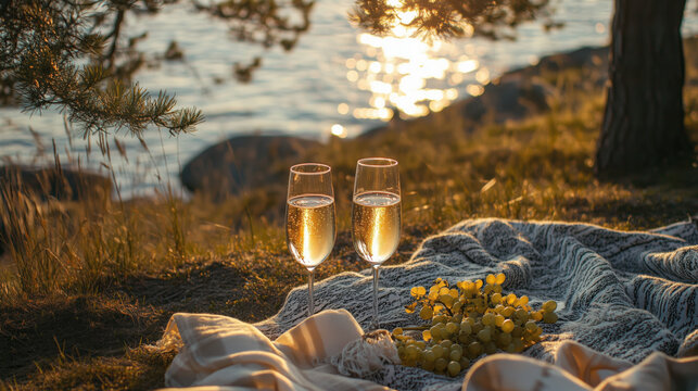 Couples enjoy sparkling wine and grapes during sunset at lakeside picnic with a serene view