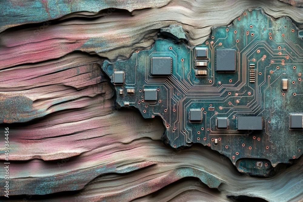 Poster a circuit board embedded in a textured, wood-like surface, creating a contrast between nature and te