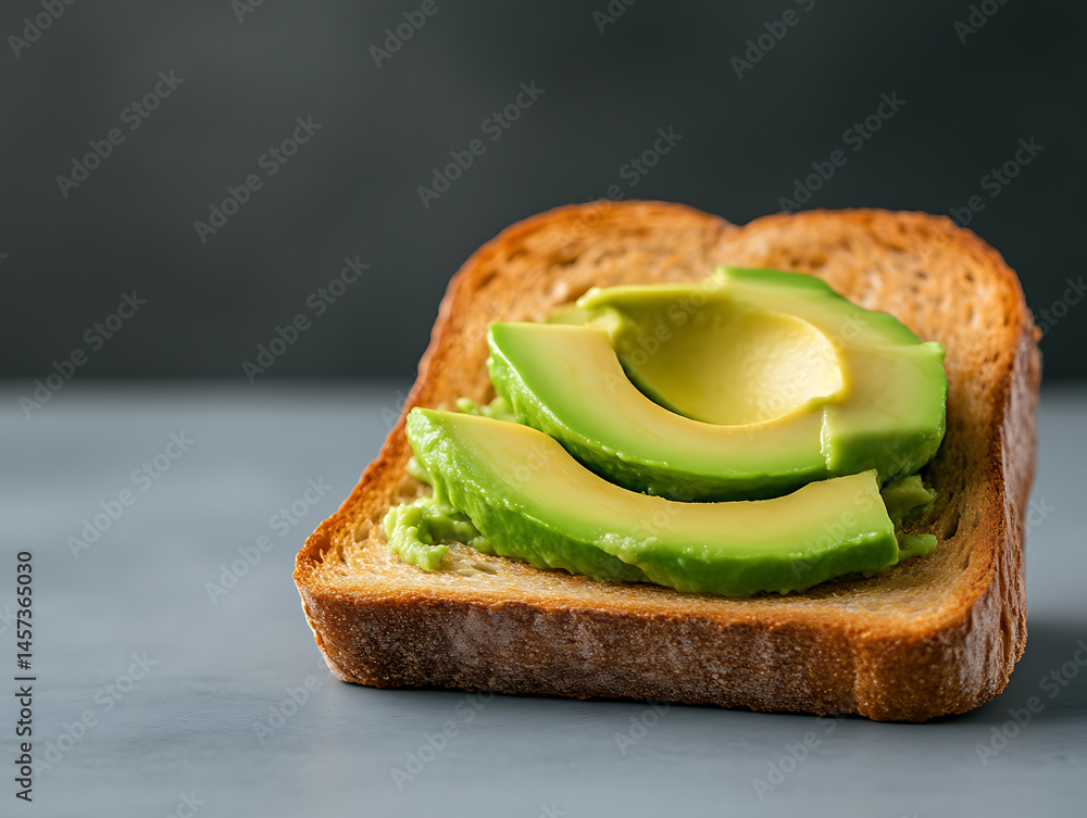Poster avocado toast on a neutral background, featuring mashed avocado and sliced avocado on toasted bread.