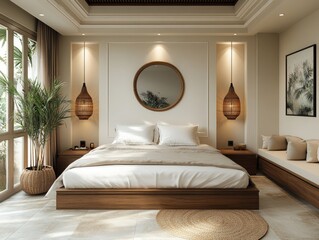Fototapeta premium Luxurious bedroom, tropical resort, sunlight, calm