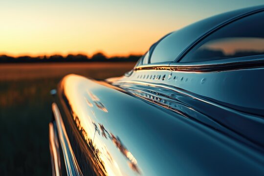 Fototapeta Sunset reflects on a classic car's gleaming, polished body, showcasing its elegant curves and design.