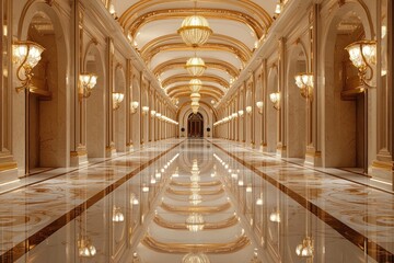 Obraz premium A luxury corridor with glossy floors and intricate gold-plated light fixtures.