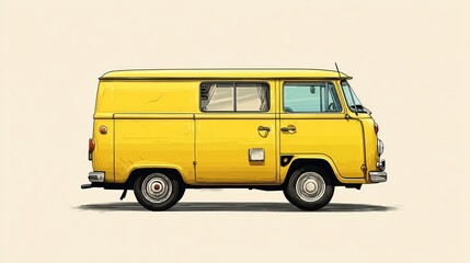 Vintage Yellow Camper Van Side Profile Illustration Retro Classic Travel Vehicle Drawing Summer Road Trip Hand Drawn Artwork Detailed Design Unique   