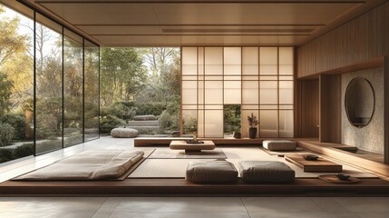 Modern Zen-style living area with garden view