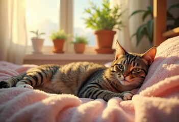 comfortable senior cat lounging soft blanket cozy home indoor escape relaxation serenity warmth, feline, napping, sunny, paws, fur, nap, cuddle, sleeping