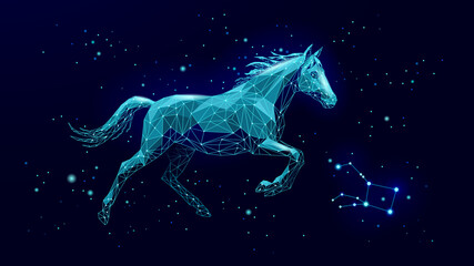 Geometric Horse illustration runs in space 2026 Horoscope Year. Chinese Animal of New Year. Technology designs and futuristic projects. Low poly style with dark blue background © LuckyStep