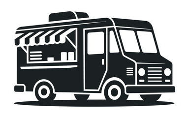 Black and White Illustration of a Retro Food Truck with Awning