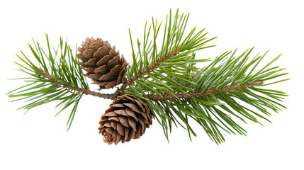 A close-up of a pine tree branch with green needles and small pinecones, isolated on white background