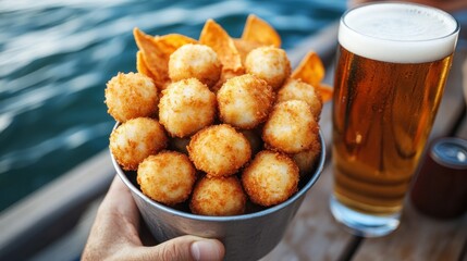 Handheld metal bowl of crispy fried balls with chips and a beer