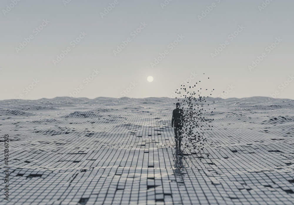 Poster man decomposing into pixel squares, walking on a simulated wave pattern surface. concept of social i