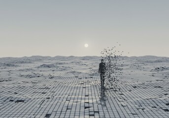 Man decomposing into pixel squares, walking on a simulated wave pattern surface. Concept of social isolation modern society and digital breakdown.