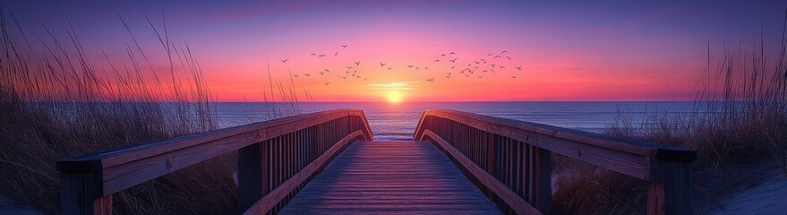 Obraz premium Peaceful sunrise over a tranquil beach walkway.