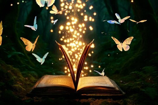 A tome of enchantment filled with blossoming lights, mystical dust, and butterflies is owned by the elves inhabiting the fairy forest
