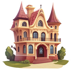 Charming two story house with turrets balcony and red roof  landscaped yard