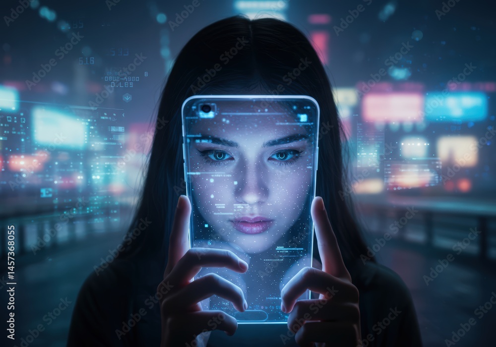 Poster woman using a transparent virtual smartphone with digital data overlay. social isolation and the imp