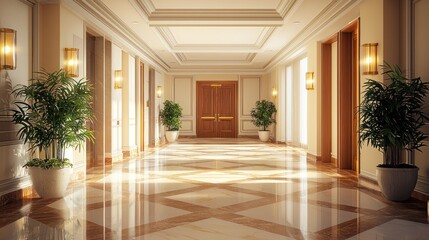 A luxury hotel hallway with marble flooring and polished wooden doors.