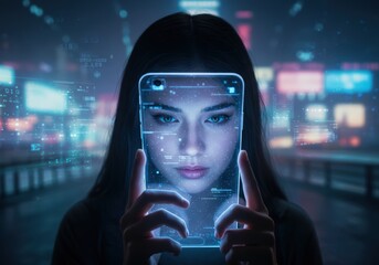Woman using a transparent virtual smartphone with digital data overlay. Social isolation and the impact of modern technology on society concept.