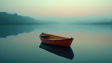 Naklejka premium Small boat floating on a lake in the fog
