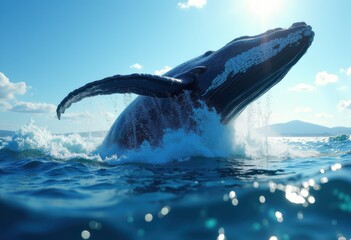Obraz premium majestic whale cresting ocean waves splashes blue water nature marine life surfacing, breach, sunset, mammal, creature, environment, reflection, wildlife